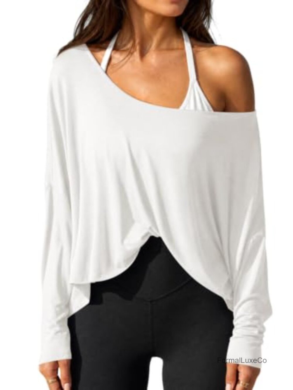 Fisoew Women's Oversized Off Shoulder Top | Long Sleeve Workout Tee